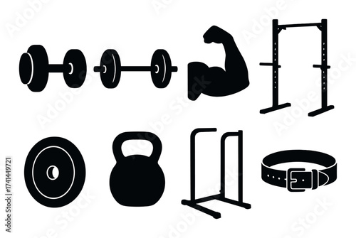 Silhouette of gym equipment: barbell, dumbbell, kettlebell, power rack, parallettes, weight plate, arm flex, belt