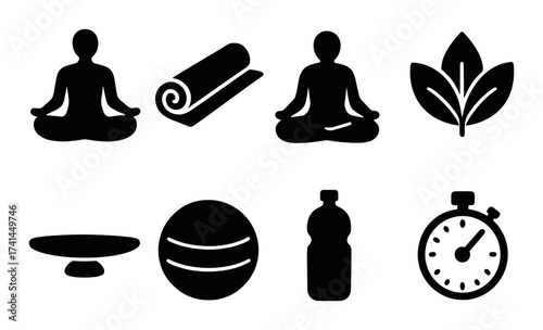 Yoga icons: meditation, exercise, and wellness equipment silhouettes on yellow background