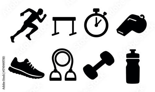 Silhouettes of running, hurdles, stopwatch, whistle, shoe, jump rope, dumbbell, water bottle