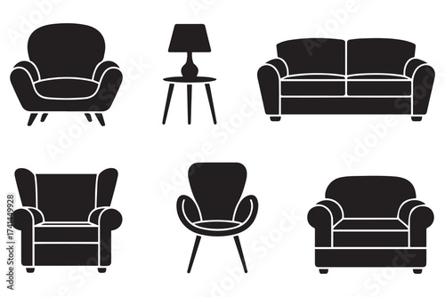 Set of home furniture silhouettes vector isolated. Vector Black silhouettes. with white background