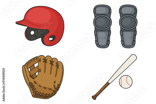 Baseball equipment set vector illustration. Cartoon icons collection of sport gear. Protective helmet, wooden bat, ball, leather glove, knee pads. Isolated graphic symbols.