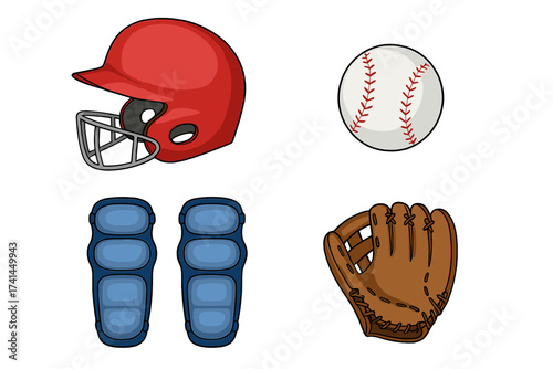 Baseball equipment icon set. Vector cartoon illustration of sports gear including a protective helmet, catcher's glove, ball, and leg guards. Isolated on white background.