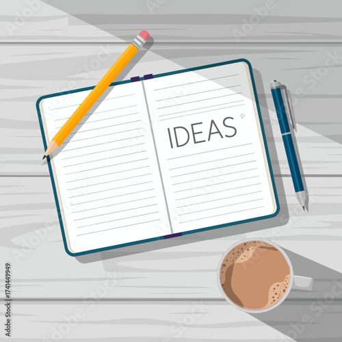 A serene view of an open notebook titled 'Ideas' accompanied by a coffee cup, symbolizing creativity and inspiration in a calm, comfortable setting.