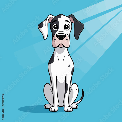 A cute cartoon dog with distinctive black and white spots sits patiently against a vibrant blue background, radiating charm and playfulness while waiting for affection.
