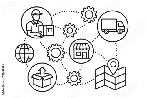 Logistic mechanism concept. Supply chain management with delivery, shipping, and distribution icons. Global transport network, e-commerce market, and order fulfillment process.