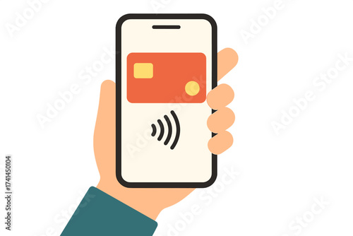 Mobile payment concept. Hand holding smartphone with credit card on screen for contactless transaction. Digital wallet and online banking. NFC technology for easy pay pass.