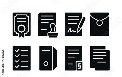 Set of eight black and white document icons featuring checklist, signature, stamp, and folder