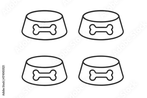 Dog bowl with bone icon set. Pet food dish symbol. Simple linear outline vector for animal care, feeding, puppy, cat concept. Isolated pet shop supplies graphic element.