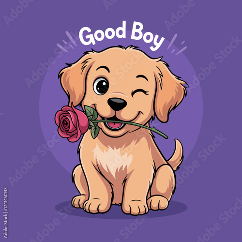 This adorable illustration features a happy puppy holding a rose in its mouth, radiating joy and affection. It captures the essence of innocence and companionship.