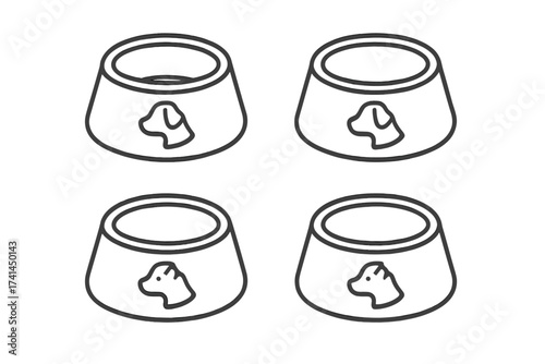 Dog food bowl icon set. Pet feeding and animal care concept. Simple line art vector illustration of a puppy dish for wet or dry food. Minimalist symbols for a pet shop.