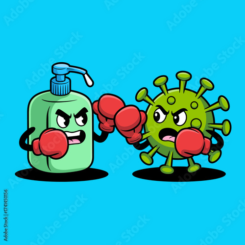 A humorous illustration of a cartoon sanitizer battling a cartoon germ, both characterizing their roles in health and hygiene in a fun, engaging manner.