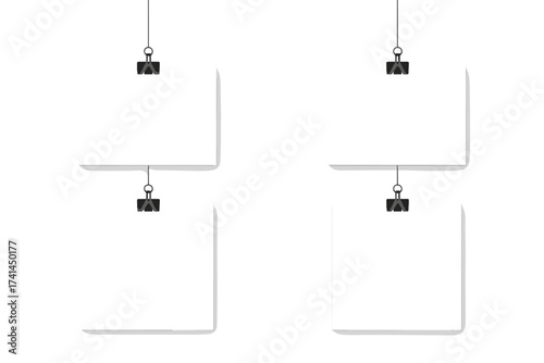 Poster mockup vector blank paper hanging on office clip, paper gallery set on white background, transparent background, minimal design, display template, stationery mockup