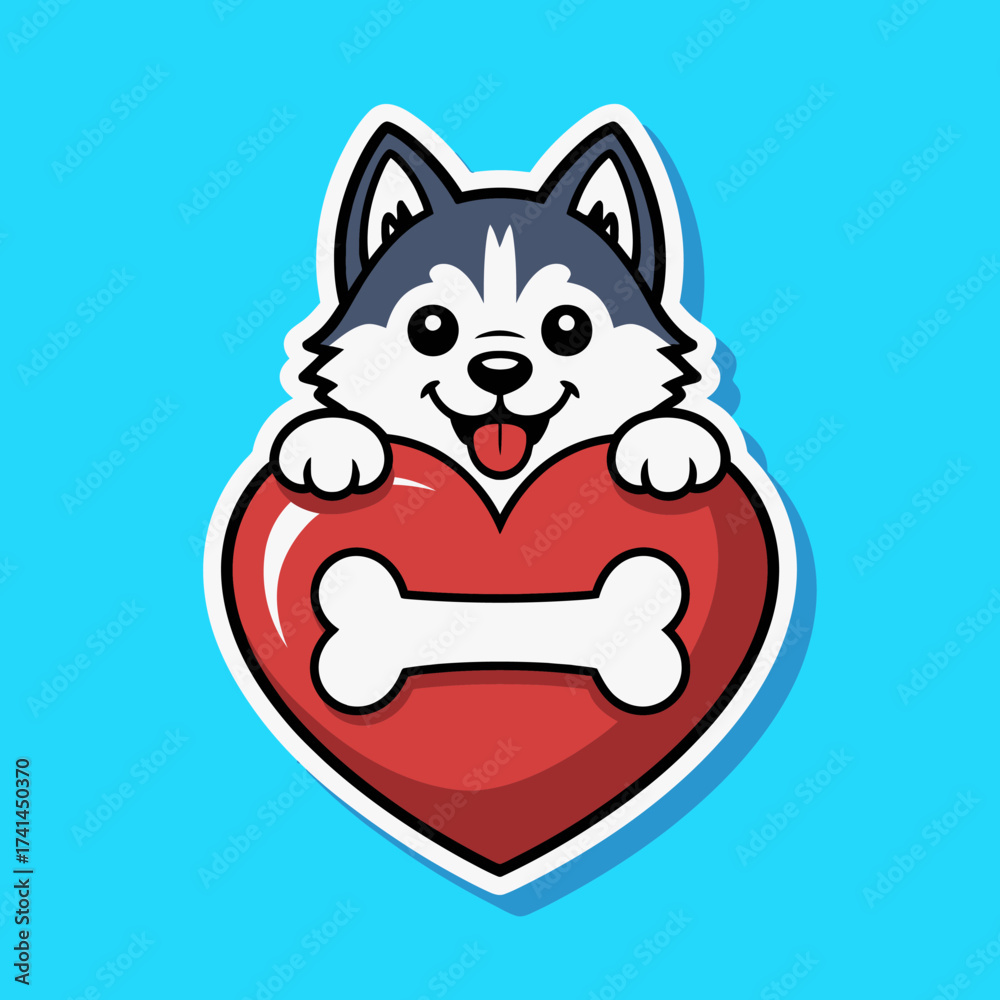 Fototapeta premium A joyful cartoon husky peeking out from behind a heart shape, holding a bone, capturing the warmth of pet-love and the playful spirit of furry companions.