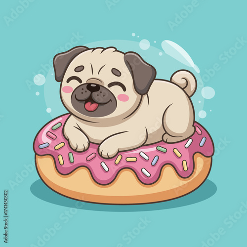 A cute pug happily rests on a giant donut, adorned with colorful sprinkles, combining playful pet imagery with fun food concepts in a delightful cartoonish art style.