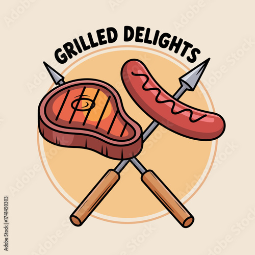A vibrant illustration of a steak and sausage on skewers, representing grilling delights that stir the appetite. Perfect for food lovers and BBQ enthusiasts alike!