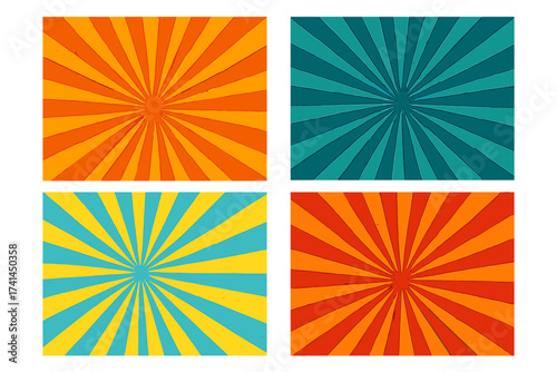 Retro comic sunburst rays background set in vibrant colors with gradient, halftone, pop art style, vector illustration, transparent background, vintage radial burst design