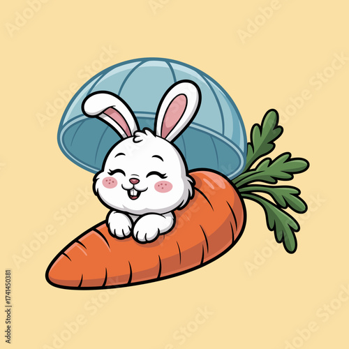 An adorable rabbit joyfully rests on a giant carrot, embodying the charm of nature and the whimsical delight of cute animals in a playful, colorful art style.