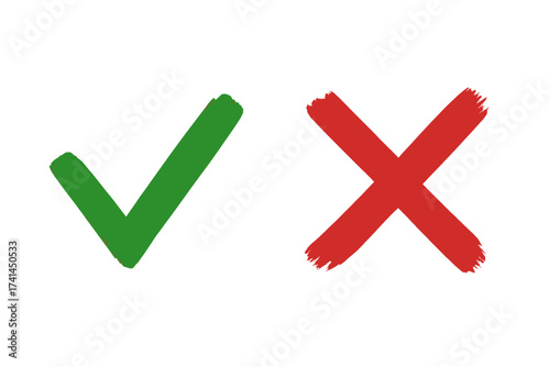 Green checkmark and red cross brush stroke signs, isolated on white background, simple graphic symbols for yes and no vote, approval and rejection marks, decision icons