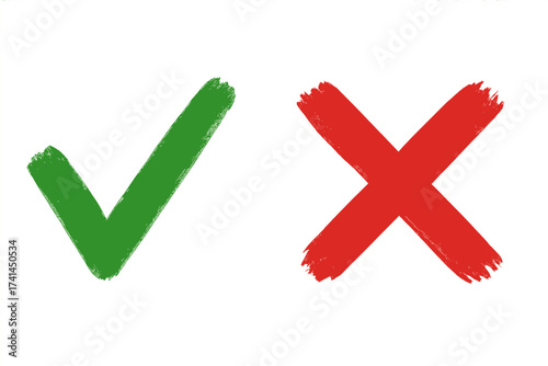 Green checkmark tick and red cross X brush stroke signs, isolated on white background, simple graphic design symbols for yes and no, approval and rejection icons, voting buttons, decision making marks