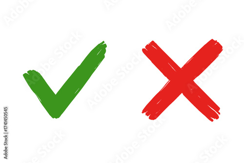 Hand-drawn green checkmark and red cross brush strokes, isolated on white background. Simple tick and cross marks, approval and rejection symbols, yes and no vote icons, graphic design elements