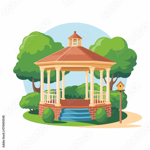 A picturesque gazebo nestled among lush trees, providing an inviting space for relaxation and gatherings, perfect for enjoying nature and outdoor events.