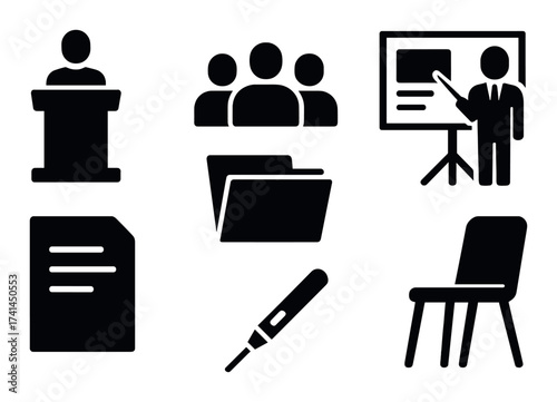 Business icons: presentation, audience, document, pointer, file, temperature, chair
