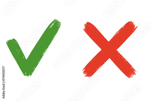 Green checkmark and red cross brush signs isolated on white background, simple graphic design symbols for yes and no, correct and incorrect marks, voting buttons