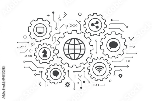 Technology mechanism concept with integrated gears and icons, digital strategy, internet network communication, social media connection, global and wireless technology elements