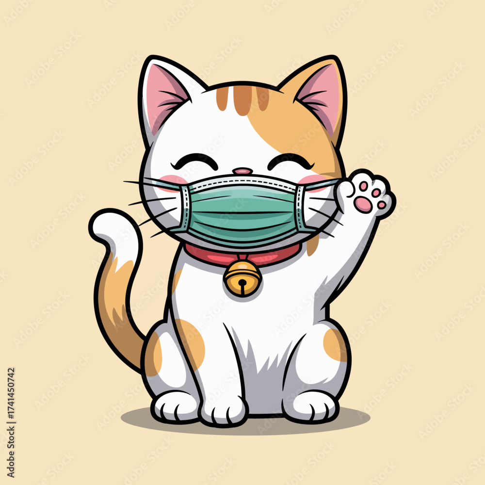 Obraz premium A playful illustration of a cheerful cat wearing a mask, conveying a sense of joy and care, highlighting the playful interaction between pets and health measures.