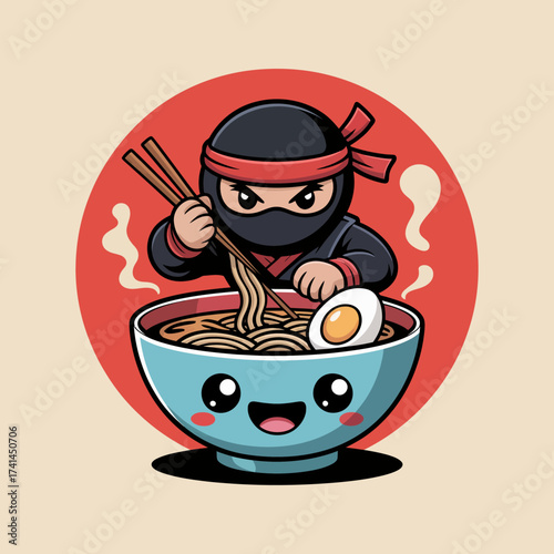 A focused cartoon ninja using chopsticks to prepare delicious ramen represents culinary mastery and the excitement of Japanese cuisine in a playful way.