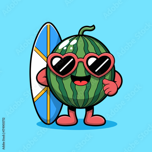 This fun and whimsical image features a smiling watermelon character wearing sunglasses and holding a surfboard, symbolizing joy and the carefree spirit of summer.