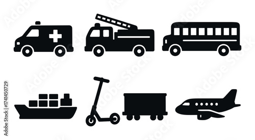 Silhouettes of emergency vehicles, public transport, and cargo icons in a row