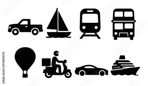 Silhouette icons of various transportation modes: car, boat, train, bus, balloon, scooter, sports car, ship