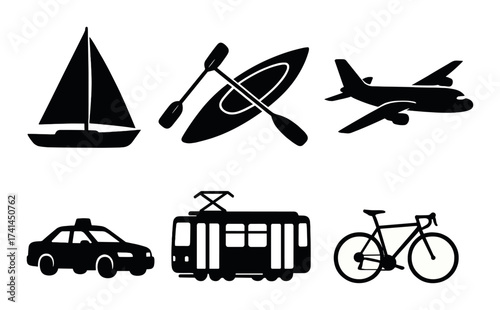 Silhouettes of various transportation modes: bicycle, boat, kayak, airplane, taxi, and tram