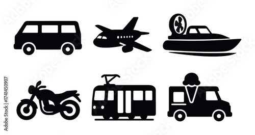 Silhouettes of various transportation vehicles on dark background