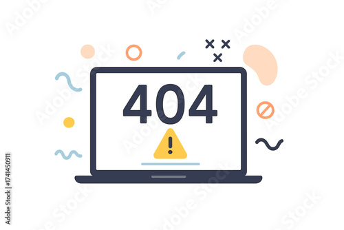 404 error page not found template vector illustration. Laptop screen with system warning message. Website problem, connection failure or file not found abstract concept design.