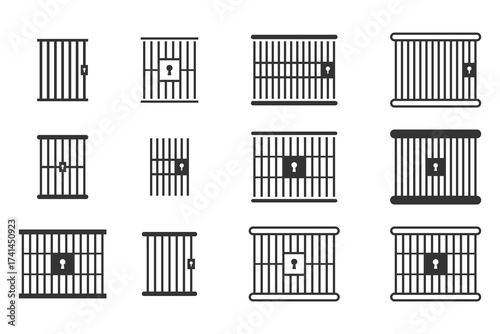 Prisoner icon in vector. Prison or jail silhouette symbol. Metal cage with bars and lock. Crime justice or punishment icon. Vector black shape isolated on white background.