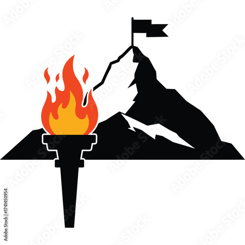 Torch and Mountain Peak Illustration flag achievement ambition success goal challenge leadership motivation inspiration climbing summit