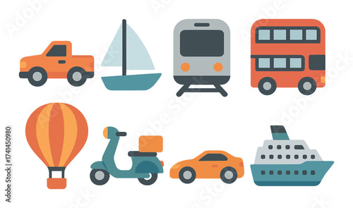 Colorful transportation icons featuring various vehicles on a gradient background