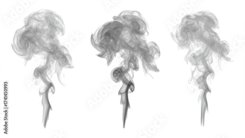 Three graceful grey smoke plumes rising and swirling on a pristine white backdrop. Ideal as graphic overlays, digital art, website elements, or atmosp