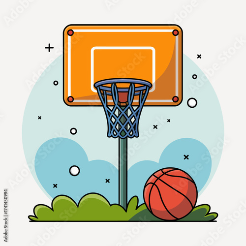 This image features a bright basketball hoop with a ball resting by it, symbolizing sports, outdoor activities, and the joy of playing basketball with friends.