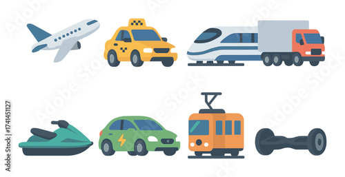 Icon set: airplane, taxi, train, truck, jet ski, electric car, tram, hoverboard