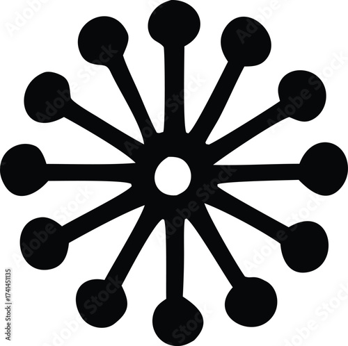 Abstract radial starburst symbol with central circle and outer dots represents energy or connection