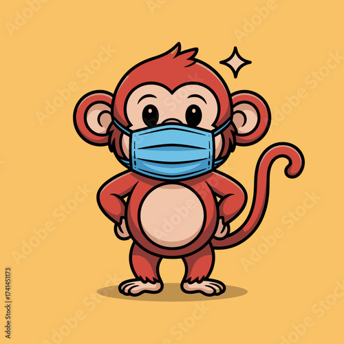 This charming illustration depicts a red monkey wearing a protective mask, embracing a spirit of caution while remaining playful and adorable during challenging times.