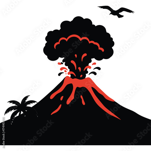 Volcano eruption with lava and bird illustration mountain nature landscape palm tree tropical flying silhouette graphic vector design