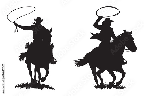 Cowboy riding horse black silhouettes set. Cowboy, cowgirl galloping with lasso. Western traditional elements collection. Vector Black silhouettes. with white background