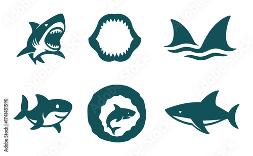 Stylized shark silhouettes: fierce ocean predator icons in blue tones