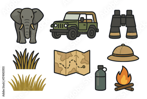 Safari adventure icons featuring elephant, jeep, binoculars, and campfire with map and safari hat