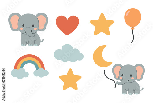 Cute elephant and balloon with heart, star, moon, cloud, and rainbow