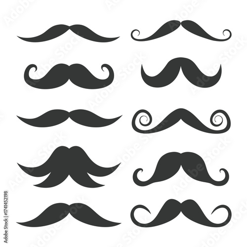 Collection of ten dark grey mustache icons with varied styles on a white background facial hair